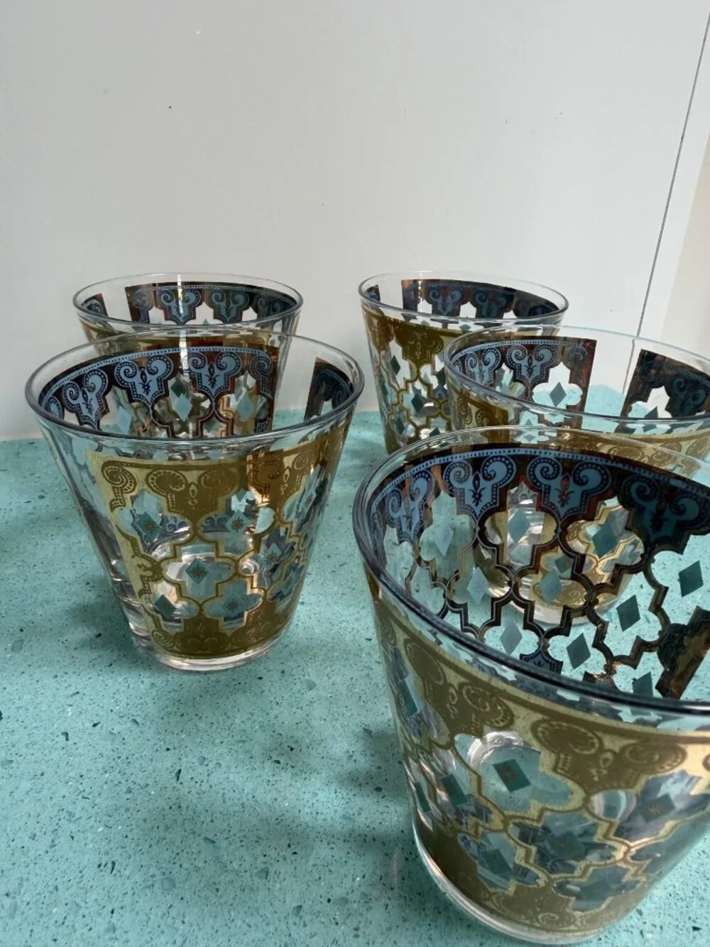 Culver Set of 5 MCM Seville 22K Gold Lattice Cocktail Glass Blue Vintage Rare